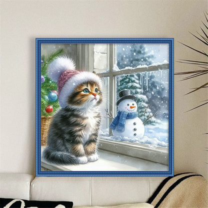 Window Cat Snowman - 11CT Stamped Cross Stitch 40*40CM