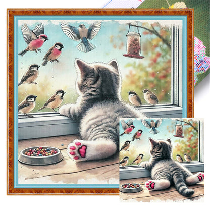 Window Cat Bird - 11CT Stamped Cross Stitch 40*40CM