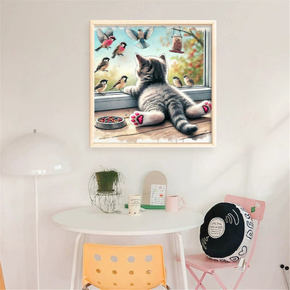 Window Cat Bird - 11CT Stamped Cross Stitch 40*40CM