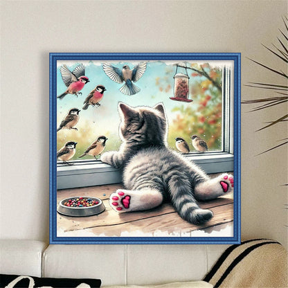 Window Cat Bird - 11CT Stamped Cross Stitch 40*40CM