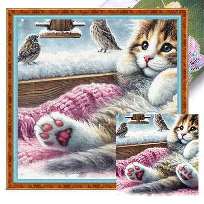 Window Cat Bird - 11CT Stamped Cross Stitch 40*40CM