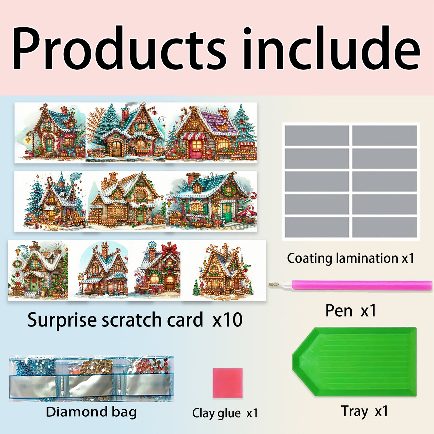 10PCS DIY Xmas Diamond Art Crystal Scratch Card Handmade Gift Card (House)