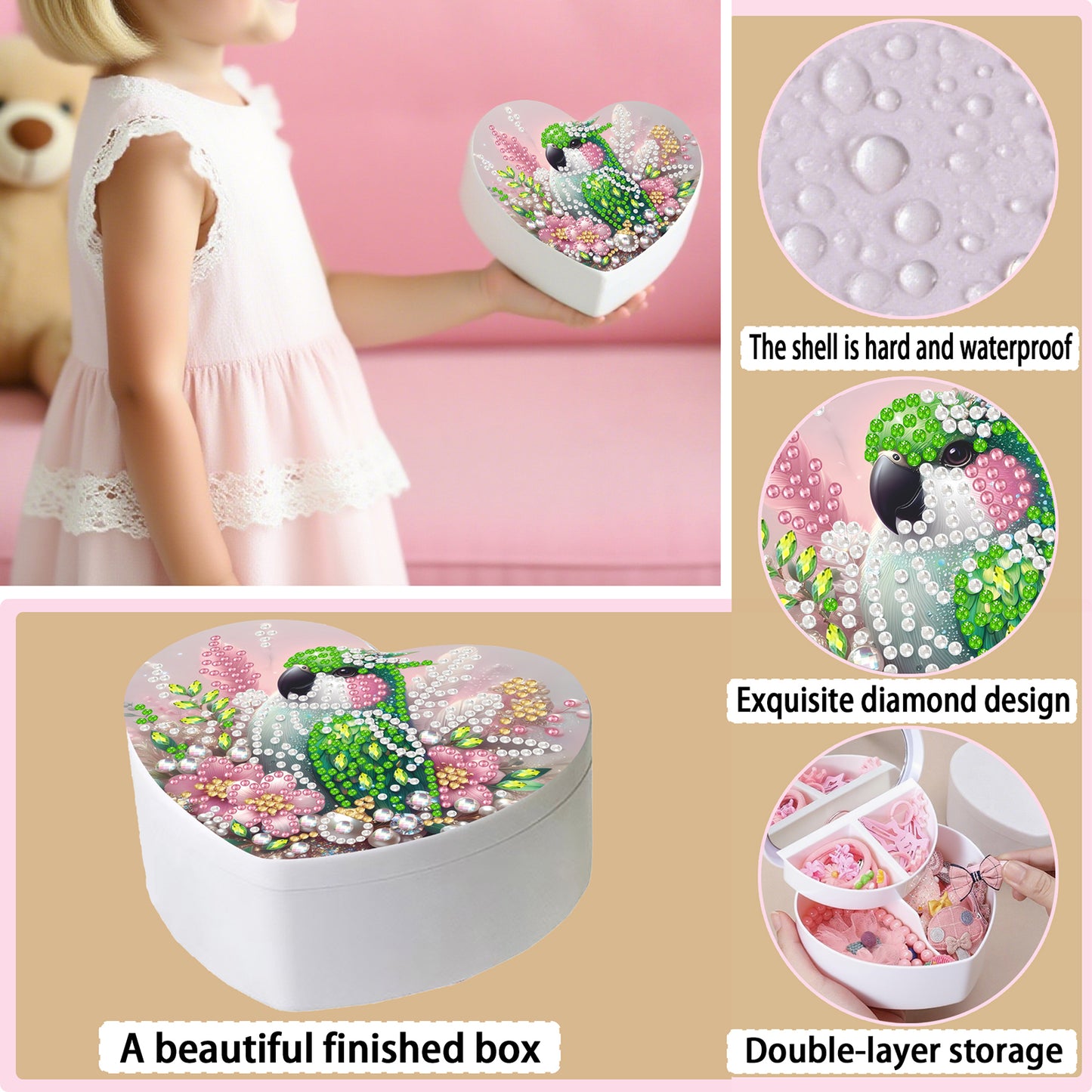 Flower Bird DIY Diamond Painting Heart-Shape Jewelry Box Decorative Storage Case