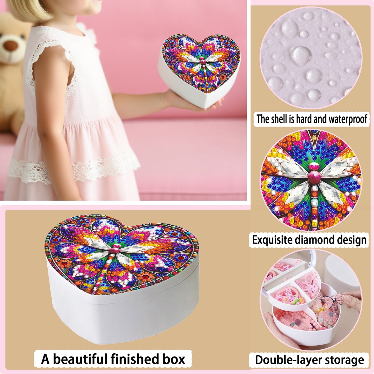 Dragonfly DIY Diamond Painting Heart-Shaped Jewelry Box Decorative Storage Case