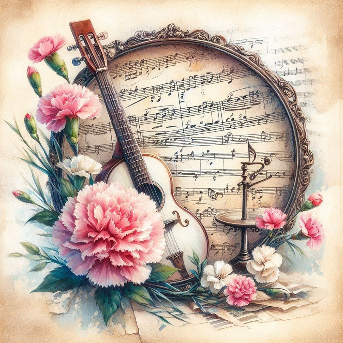 Guitar And Carnations - Full Round Drill Diamond Painting 40*40CM