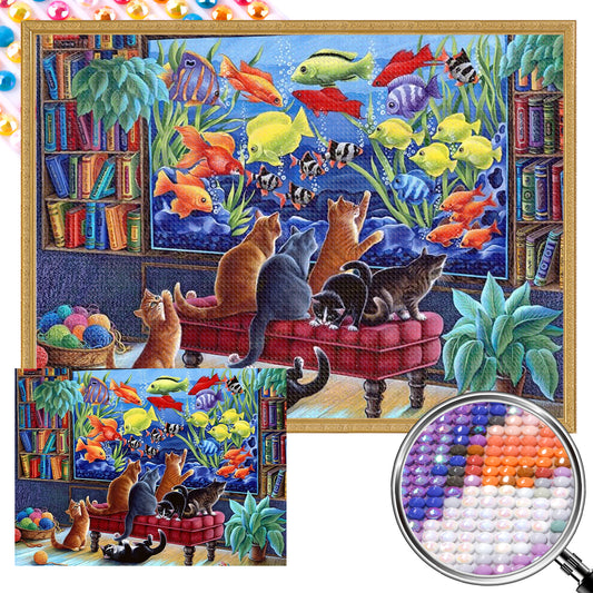 Kitten Fish Tank - Partial AB Full Round Drill Diamond Painting 55*40CM