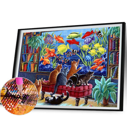 Kitten Fish Tank - Partial AB Full Round Drill Diamond Painting 55*40CM