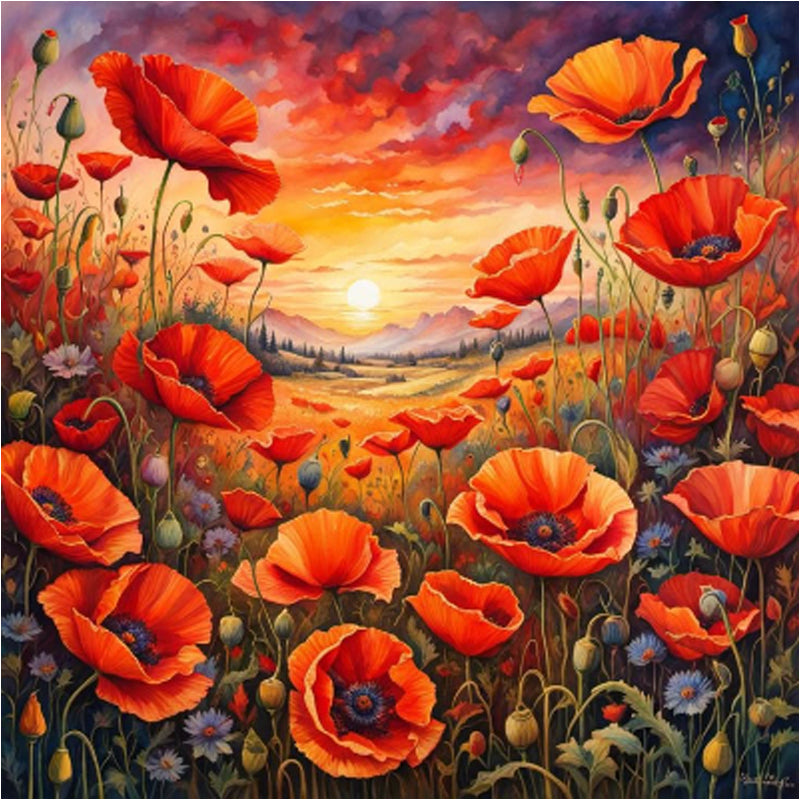 Poppies At Sunset - Full Round Drill Diamond Painting 40*40CM