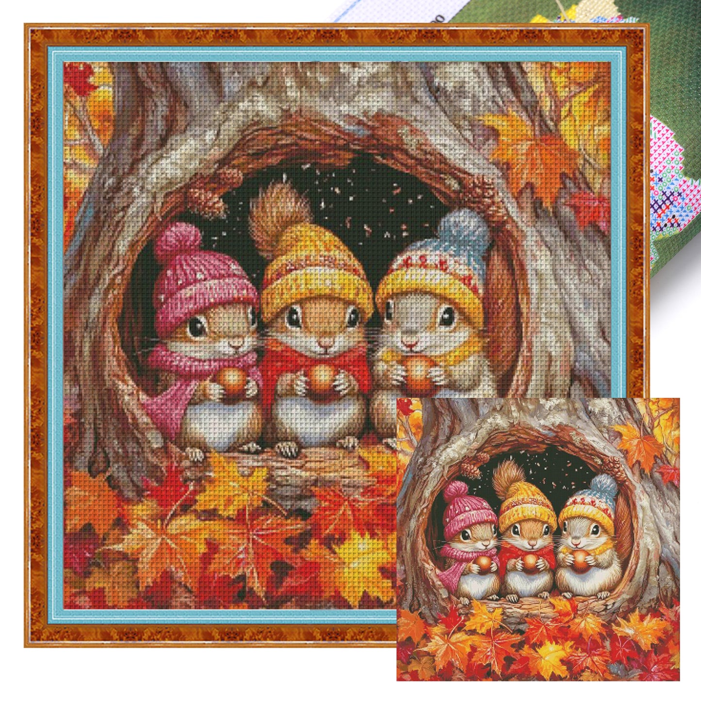 Three Little Squirrels In Autumn - 14CT Stamped Cross Stitch 65*65CM(Egyptian cotton)(Fairy Brand)