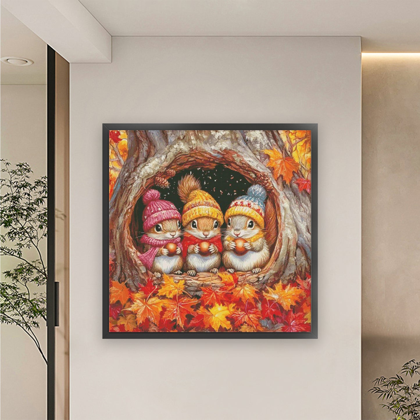Three Little Squirrels In Autumn - 14CT Stamped Cross Stitch 65*65CM(Egyptian cotton)(Fairy Brand)