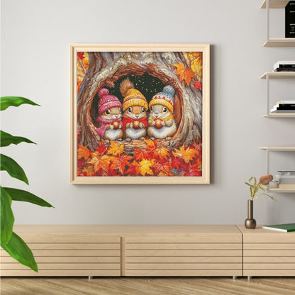 Three Little Squirrels In Autumn - 14CT Stamped Cross Stitch 65*65CM(Egyptian cotton)(Fairy Brand)