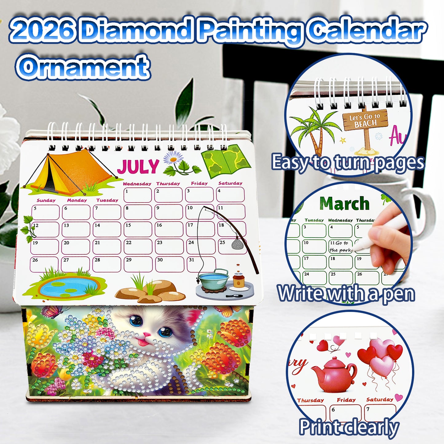 5D/DIY Calendar Crystal Painting Desk Calendars Kit Home Decorations (Cat)