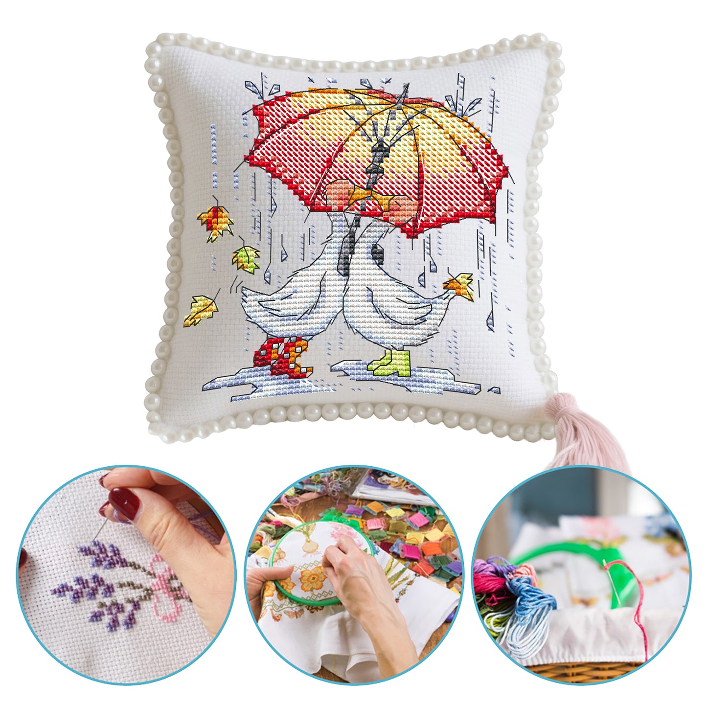 14CT Needle Insert Bag 2 Strands Printed Knitting Threads Pin Pouch with Tassel