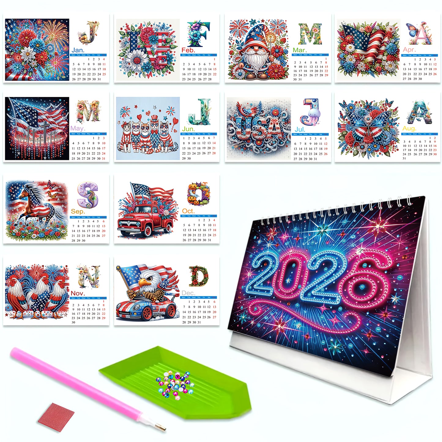 2026 Calendar Diamond Painting Kit Independence Day Diamond Art Desk Calendar
