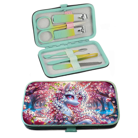 Pink White Horse Diamond Painting Nail Art Bag Set Includes 7 Professional Tools