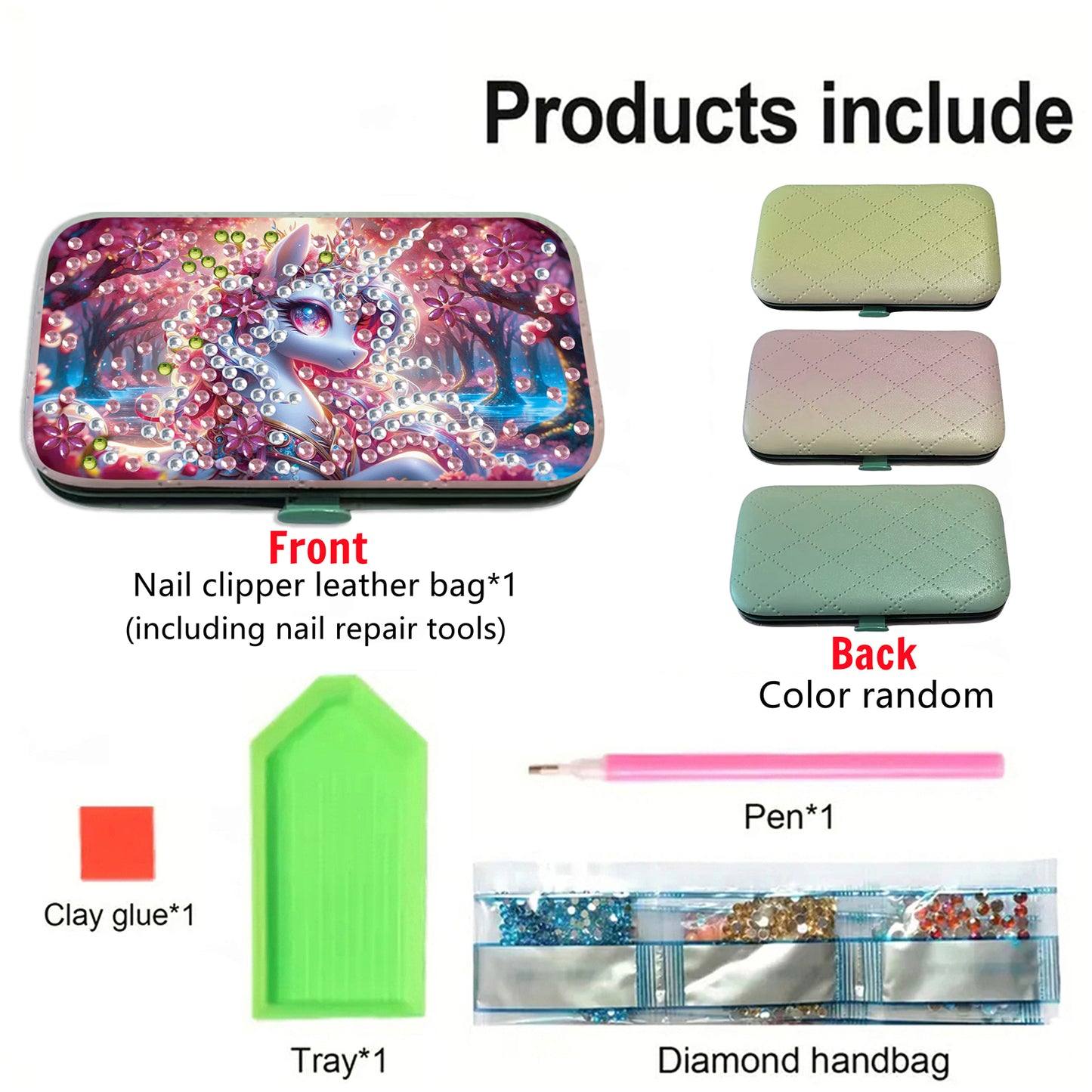 Pink White Horse Diamond Painting Nail Art Bag Set Includes 7 Professional Tools