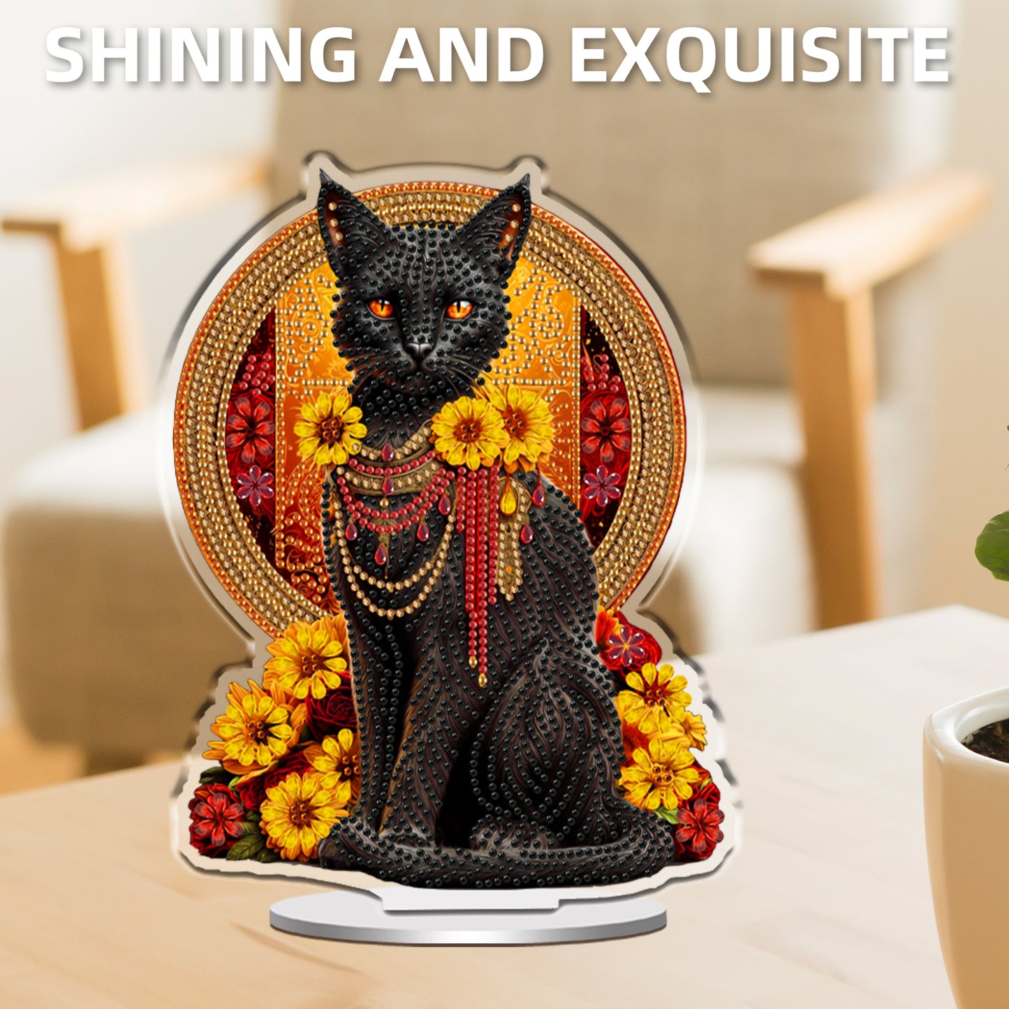 2D Flat Black Cat DIY Acrylic Table Top Diamond Painting Ornament Kit for Adults