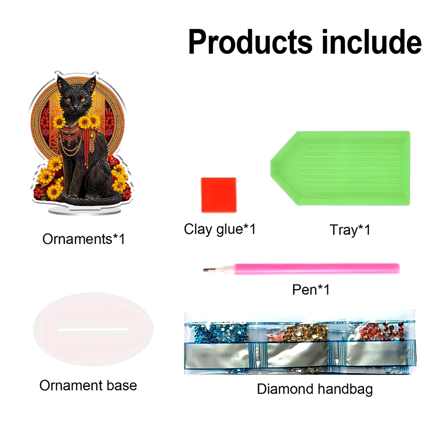 2D Flat Black Cat DIY Acrylic Table Top Diamond Painting Ornament Kit for Adults
