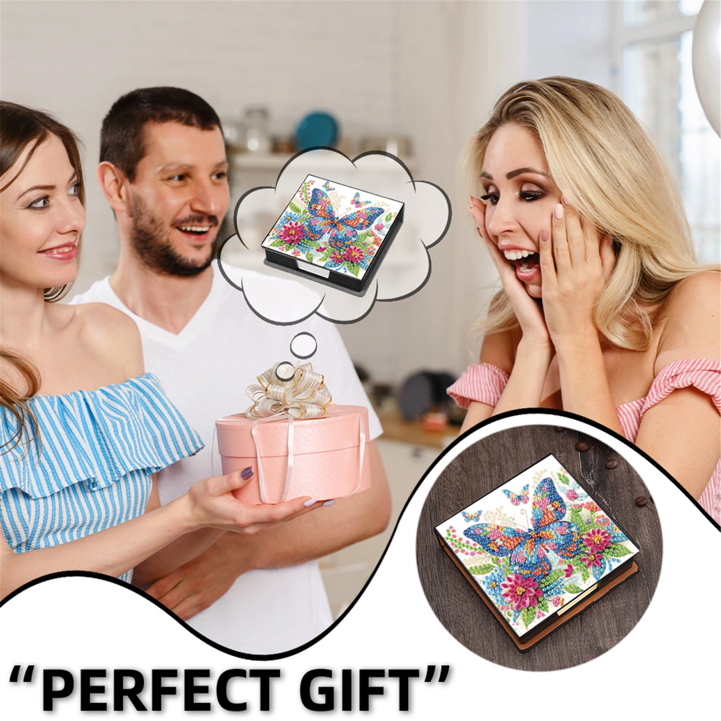 5D Butterfly DIY PU Diamond Painting Notecard Box with 160 Sheets Paper Holder