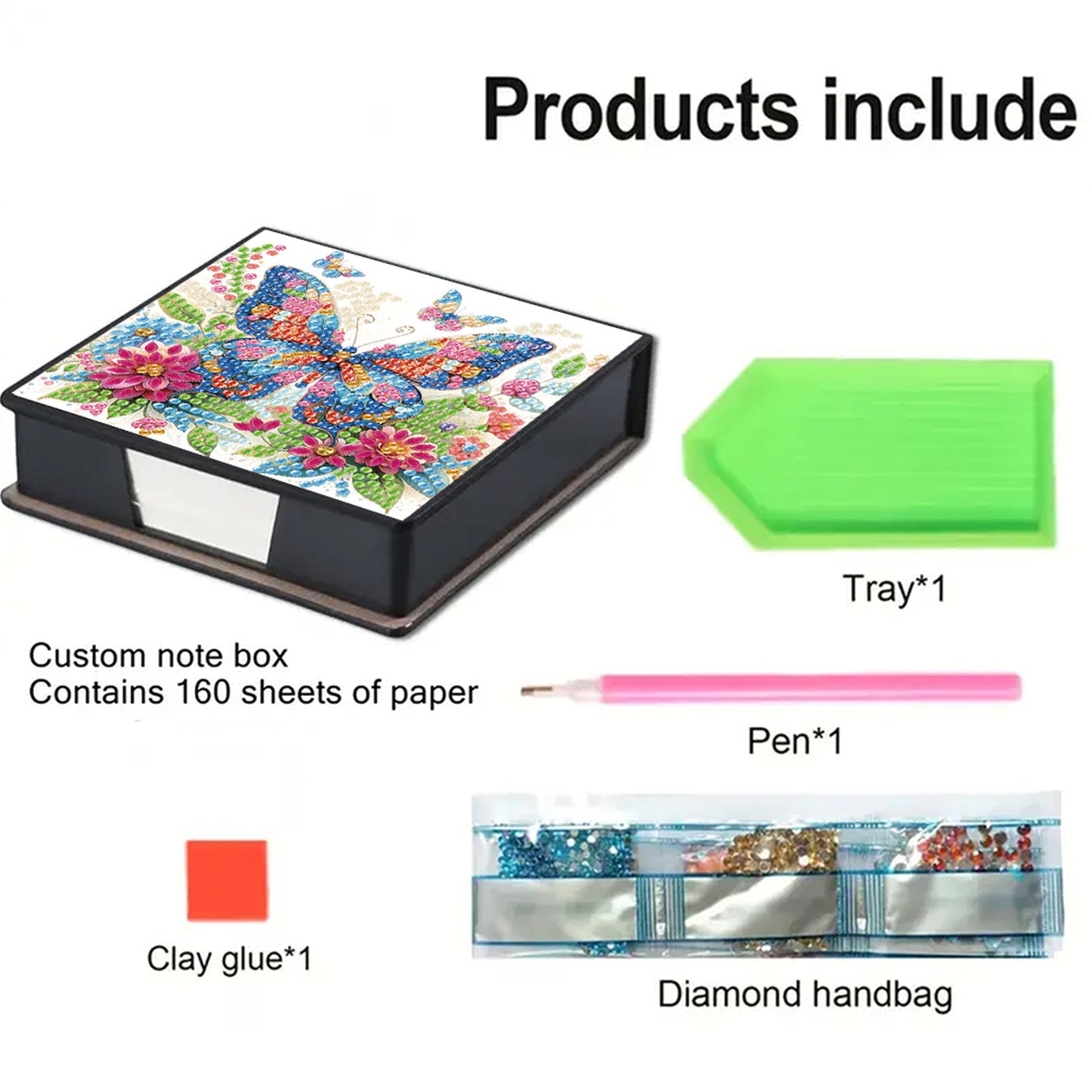 5D Butterfly DIY PU Diamond Painting Notecard Box with 160 Sheets Paper Holder