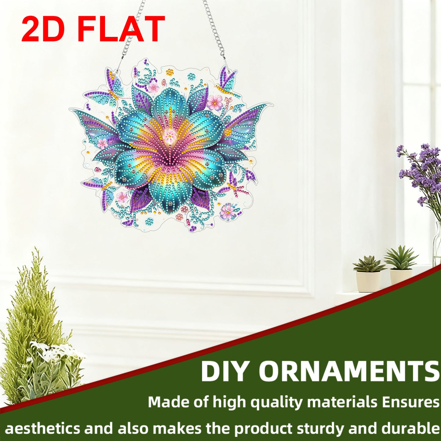2D Flat DIY Hanging Diamond Art Kits DIY Home Decor Hanging Charm (Flower)