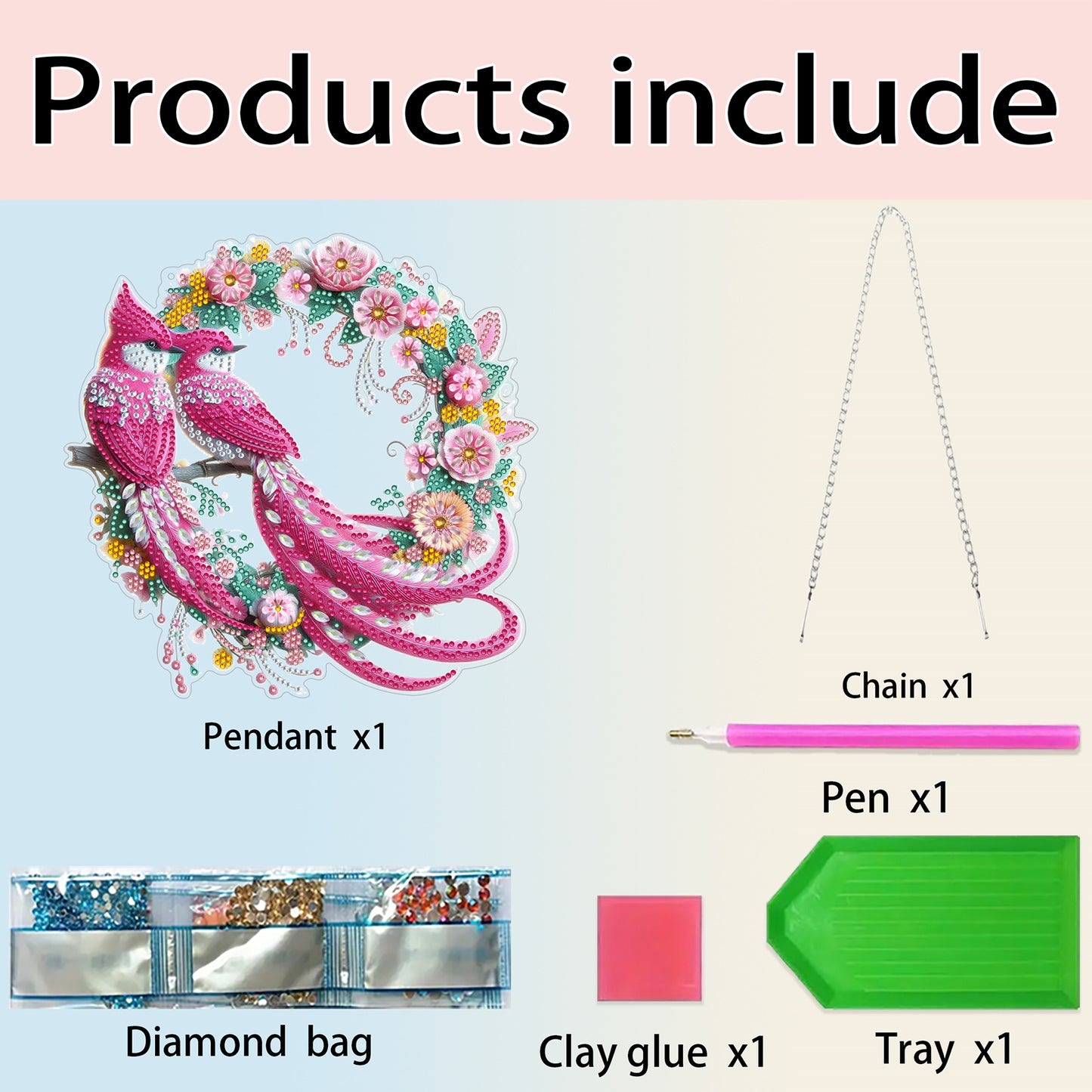 2D Flat DIY Hanging Diamond Art Kits DIY Home Decor Hanging Charm (Bird Wreath)