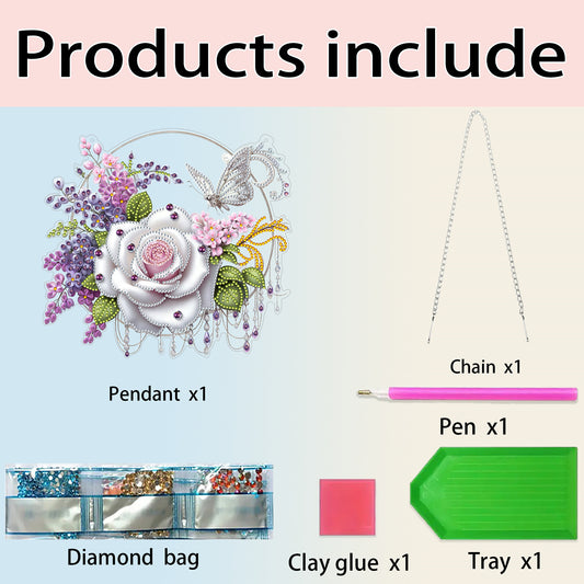 2D Flat DIY Hanging Diamond Art Kits DIY Home Decor Hanging Charm (Rose Wreath)