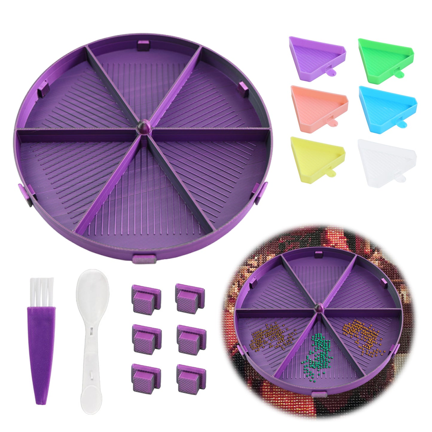 Beads Sorting Storage Tray Round Diamond Painting Tools with Dish (Black Purple)