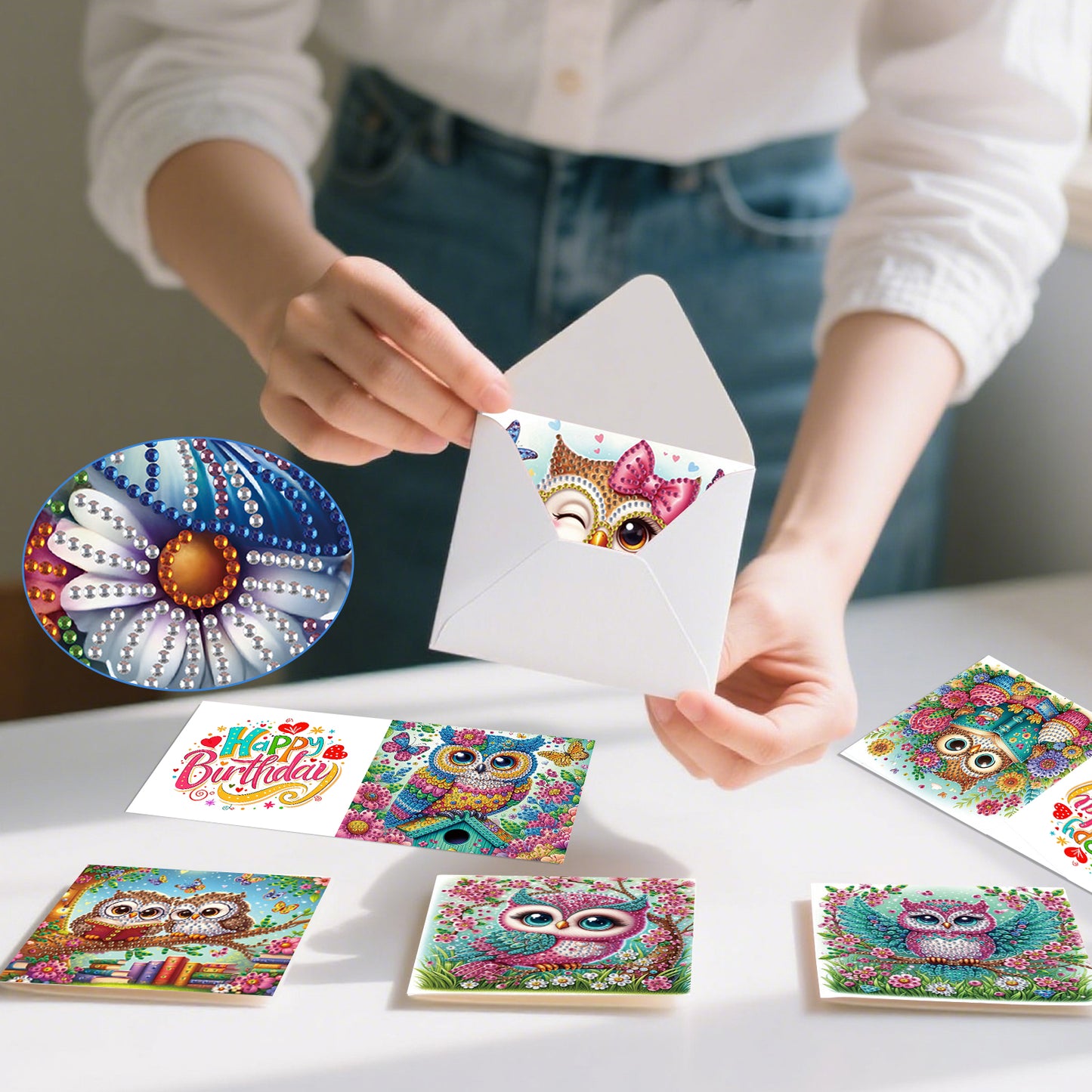 6pcs Owl DIY Diamond Art Greeting Cards Thank You Cards and Holiday Blessings