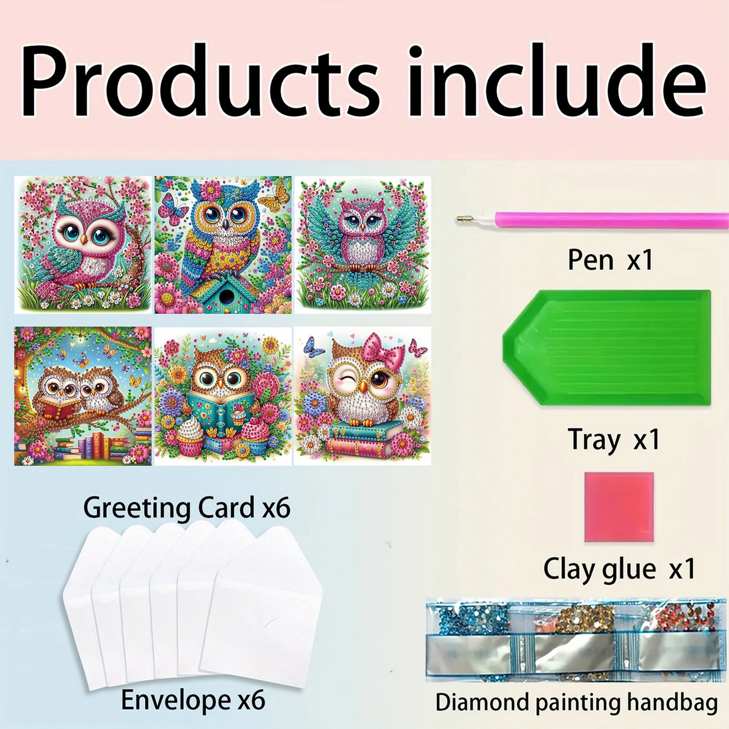 6pcs Owl DIY Diamond Art Greeting Cards Thank You Cards and Holiday Blessings