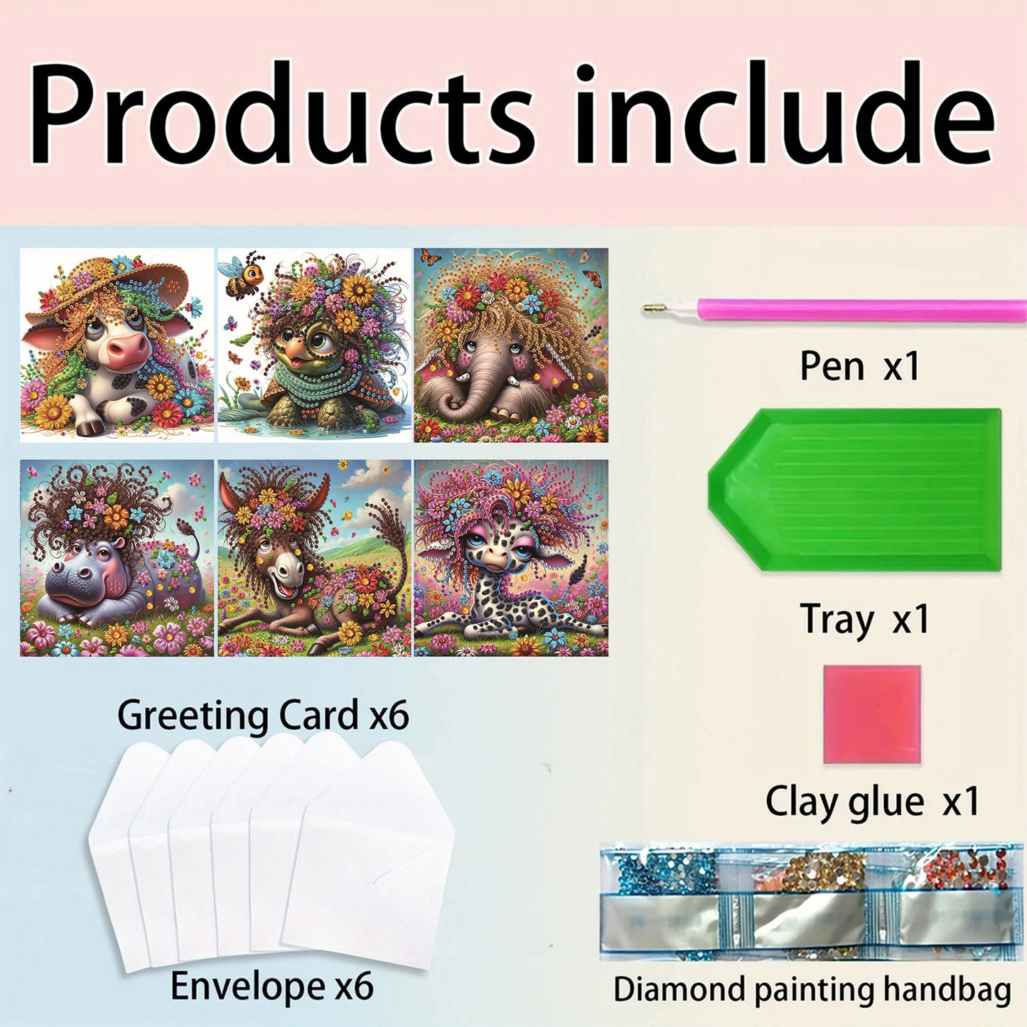 6pcs Animal DIY Diamond Art Greeting Cards Thank You Cards and Holiday Blessings