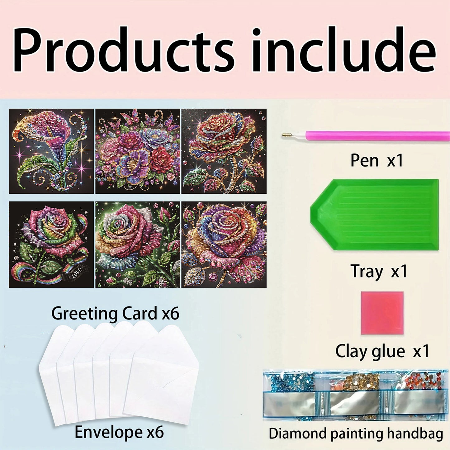 6pcs Rose DIY Diamond Art Greeting Cards Thank You Cards and Holiday Blessings