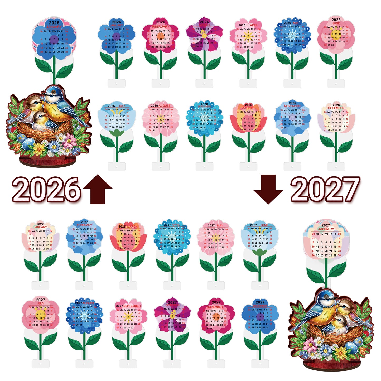 2026 Calendar DIY Diamond Painting Kit Bird Wooden Diamond Painting Calendar