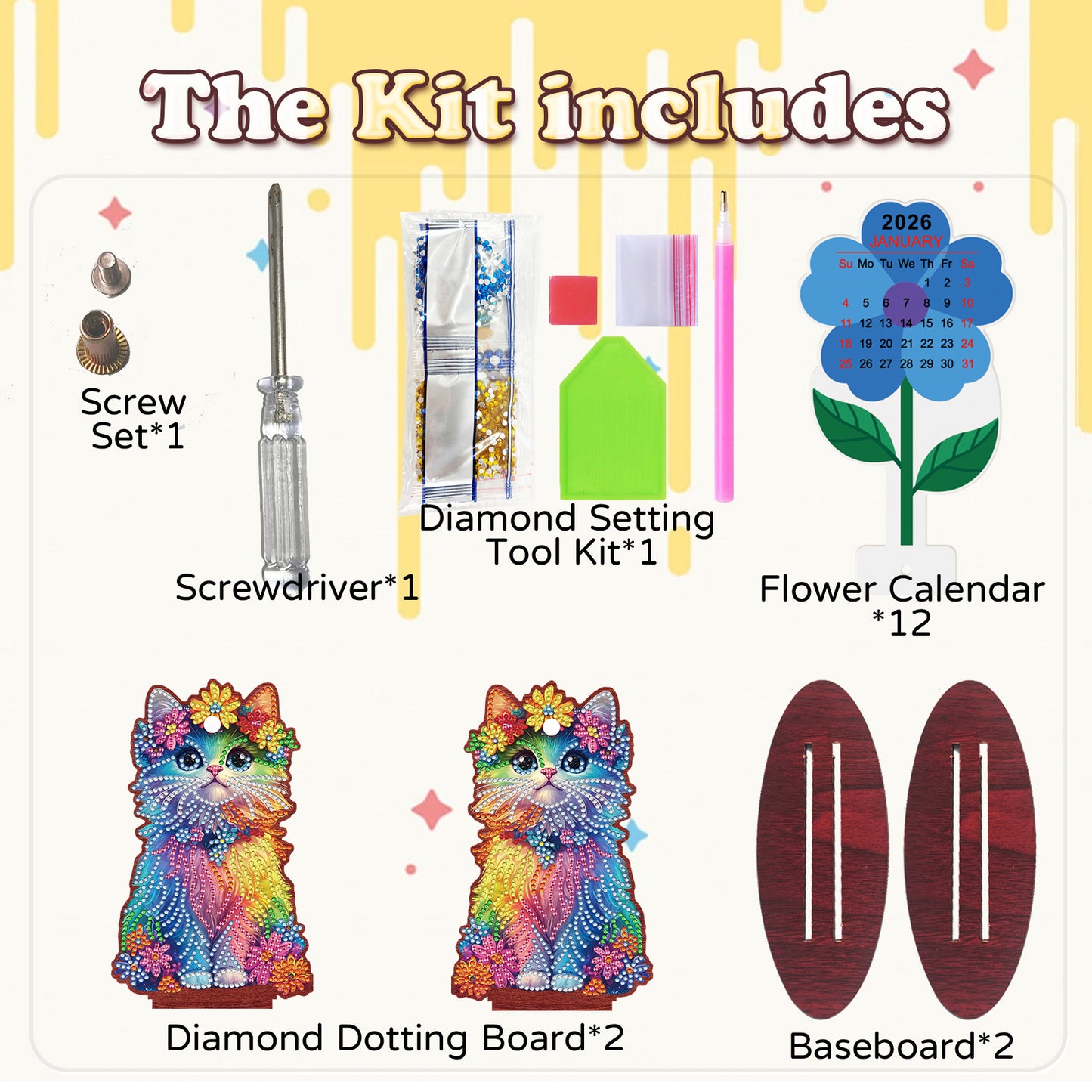 2026 Calendar DIY Diamond Painting Kit Cat Wooden Diamond Painting Calendar