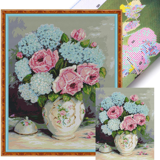 Rose And Hydrangea - 14CT Stamped Cross Stitch 48*58CM(Joy Sunday)