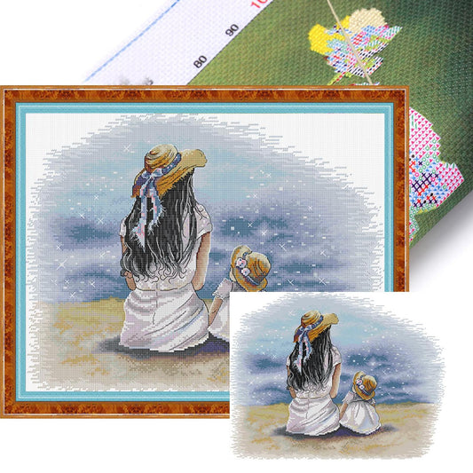 Mother And Daughter By The Sea - 14CT Stamped Cross Stitch 46*37CM(Joy Sunday)