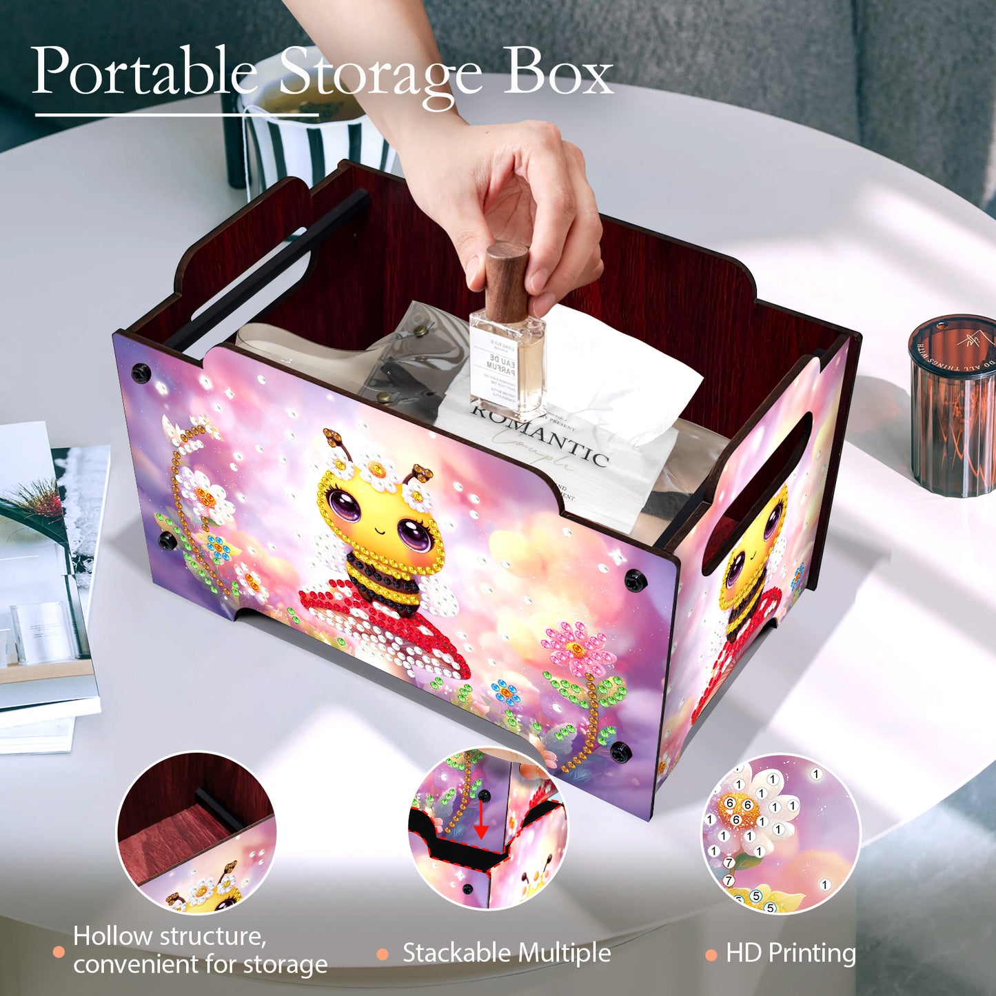 5D DIY Diamond Painting Art Decorative Storage Box Wood Storage Clutch (Bee)