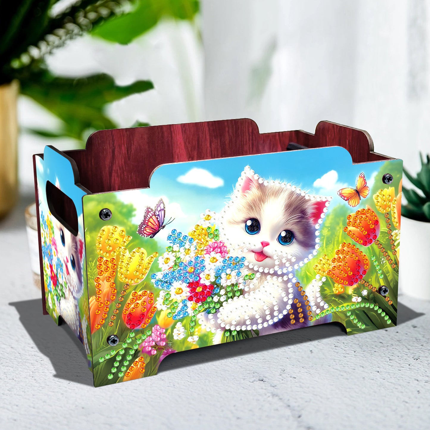 5D DIY Diamond Painting Art Decorative Storage Box Wood Storage Clutch (Cat)