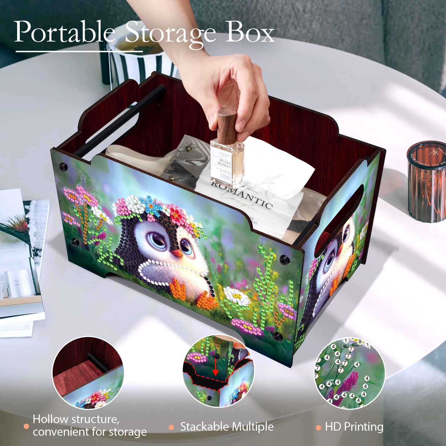 5D DIY Diamond Painting Decorative Storage Box Wood Storage Clutch (Penguin)