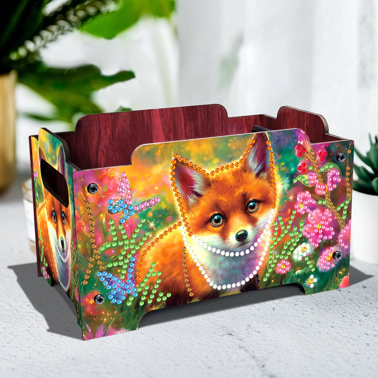 5D DIY Diamond Painting Art Decorative Storage Box Wood Storage Clutch (Fox)