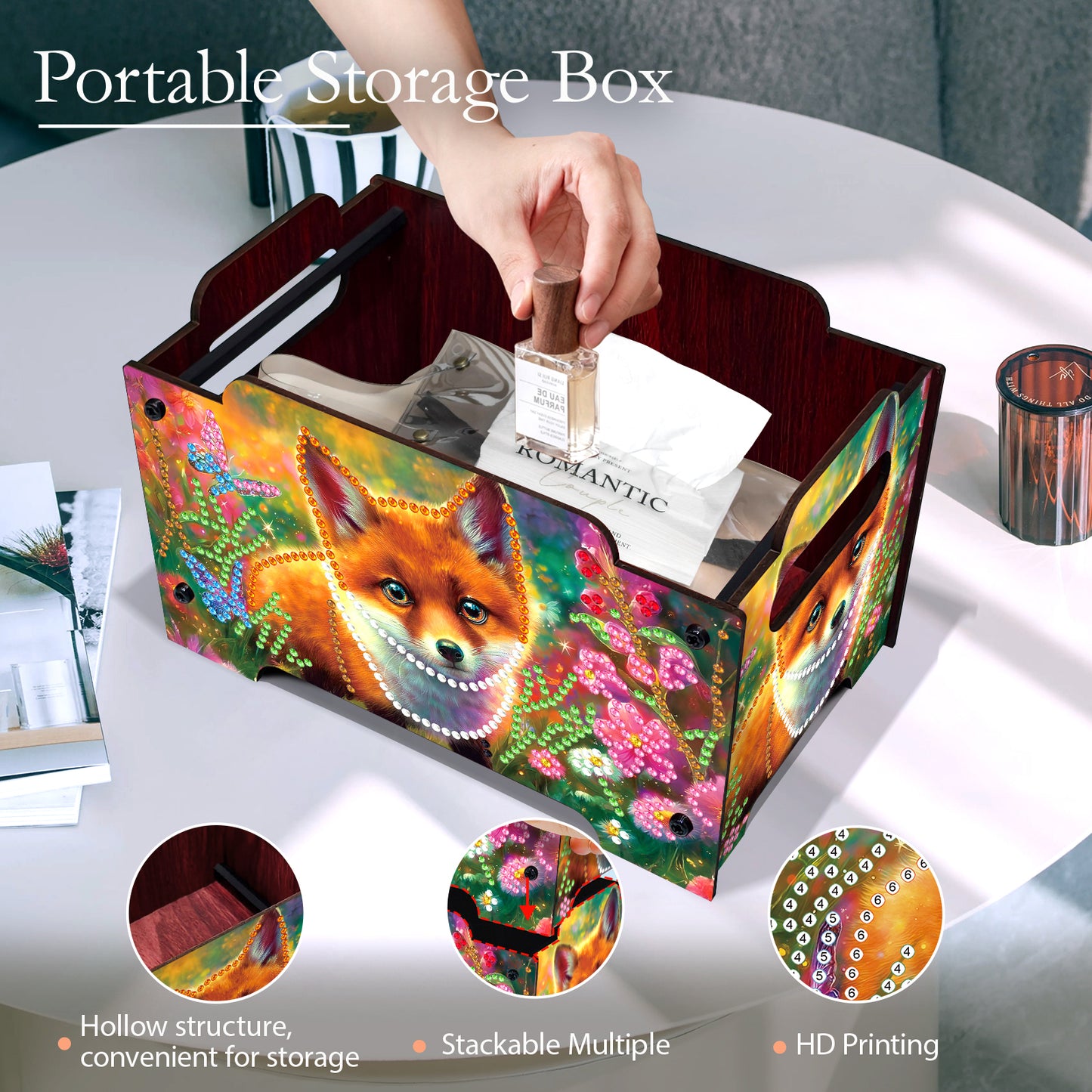 5D DIY Diamond Painting Art Decorative Storage Box Wood Storage Clutch (Fox)