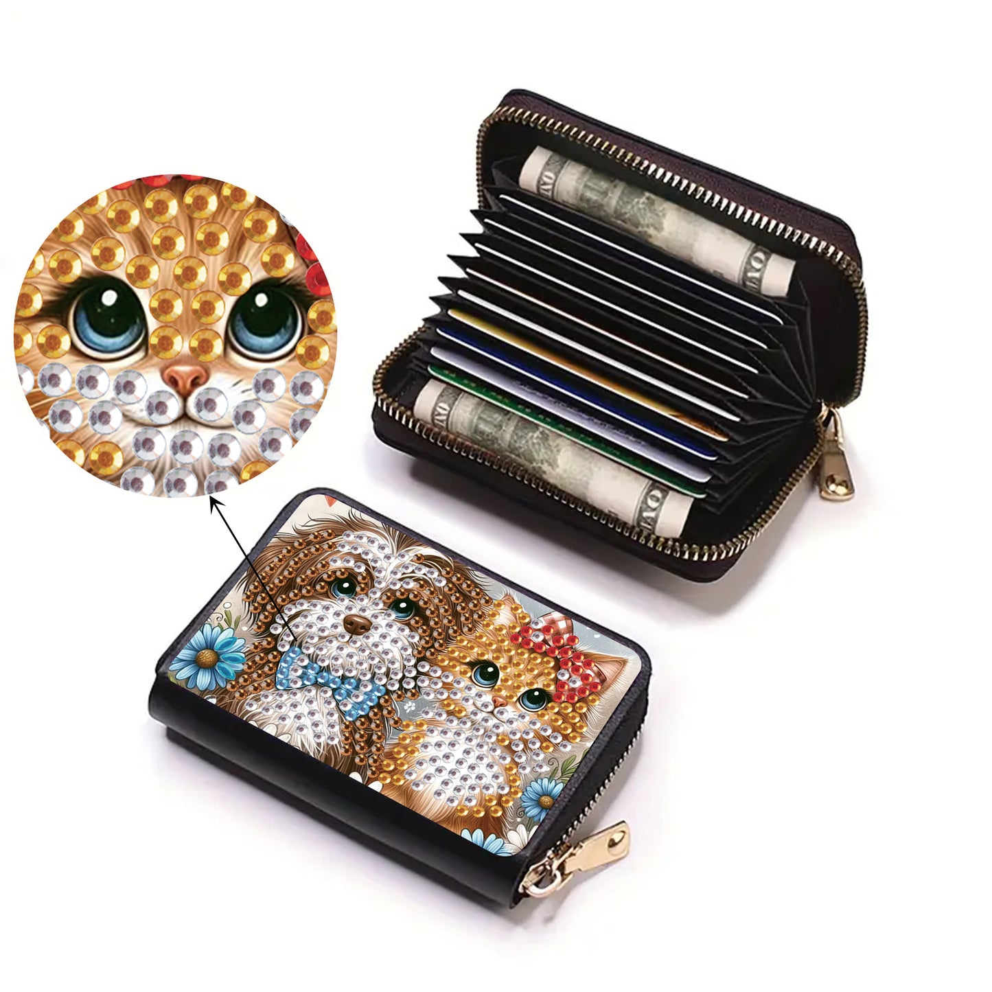 2pcs Cat Dog Pattern Diamond Painting Fashion Card Holder Compact Coin Purse