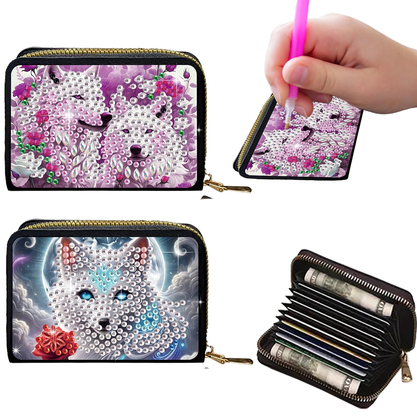 2pcs Wolf Pattern Diamond Painting Fashion Card Holder Compact Coin Purse