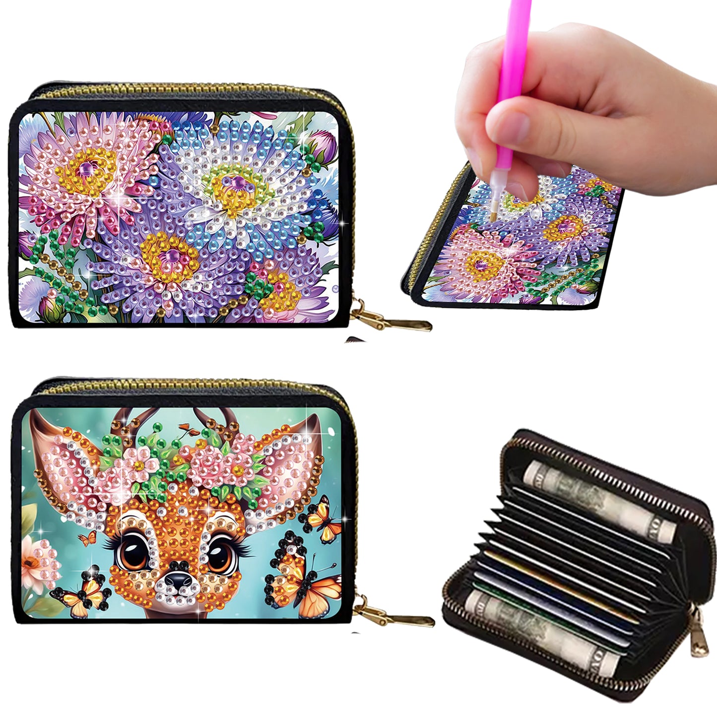 2pcs Flower Deer Pattern Diamond Painting Fashion Card Holder Compact Coin Purse