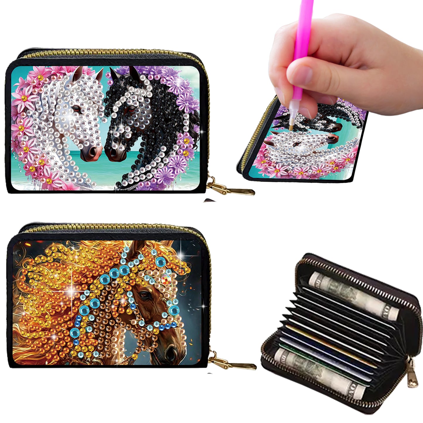 2pcs Horse Pattern Diamond Painting Fashion Card Holder Compact Coin Purse