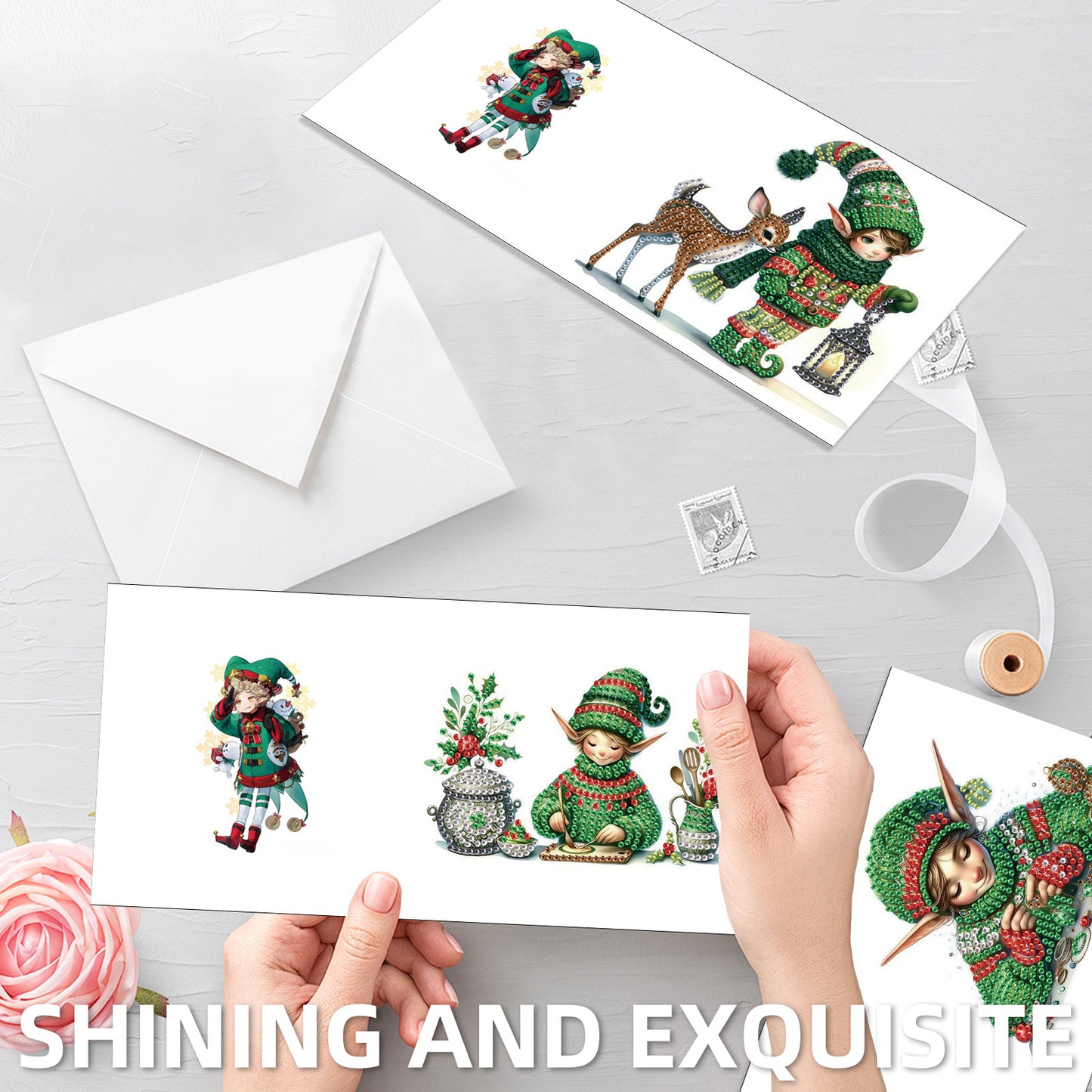 6PCS DIY Diamond Art Greeting Cards Christmas Elf Congratulations Cards Gift