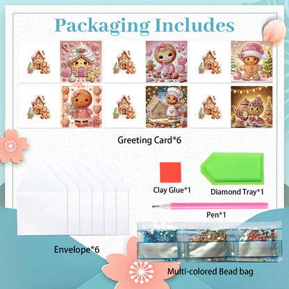 6PCS DIY Diamond Art Greeting Cards Xmas Gingerbread Man Congratulations Cards
