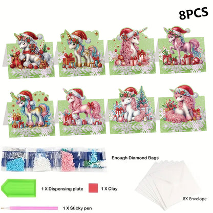 8PCS DIY Diamond Art Greeting Cards Xmas Congratulations Cards   Gifts (Unicorn)