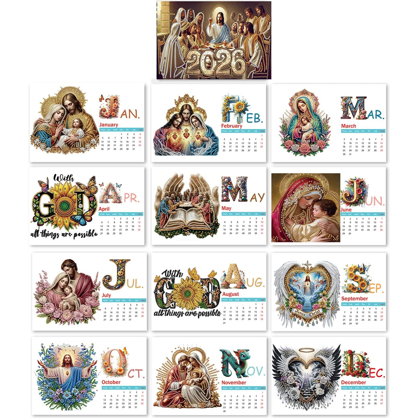 2026 Jesus DIY Diamond Dots Painting Kit Diamond Art Home Paper Desk Calendar