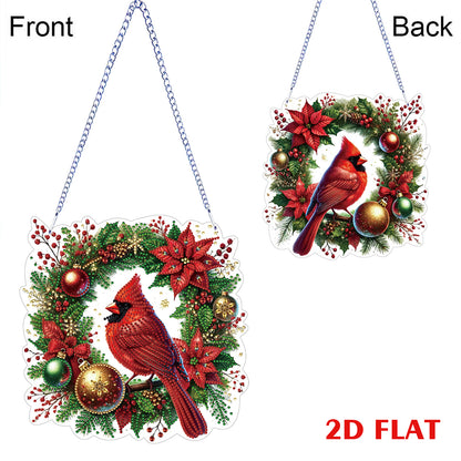 2D Flat DIY Hanging Diamond Art Kits Rhinestone Window Pendant (Cardinal Wreath)